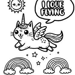 funny unicorn cat with rainbows coloring page