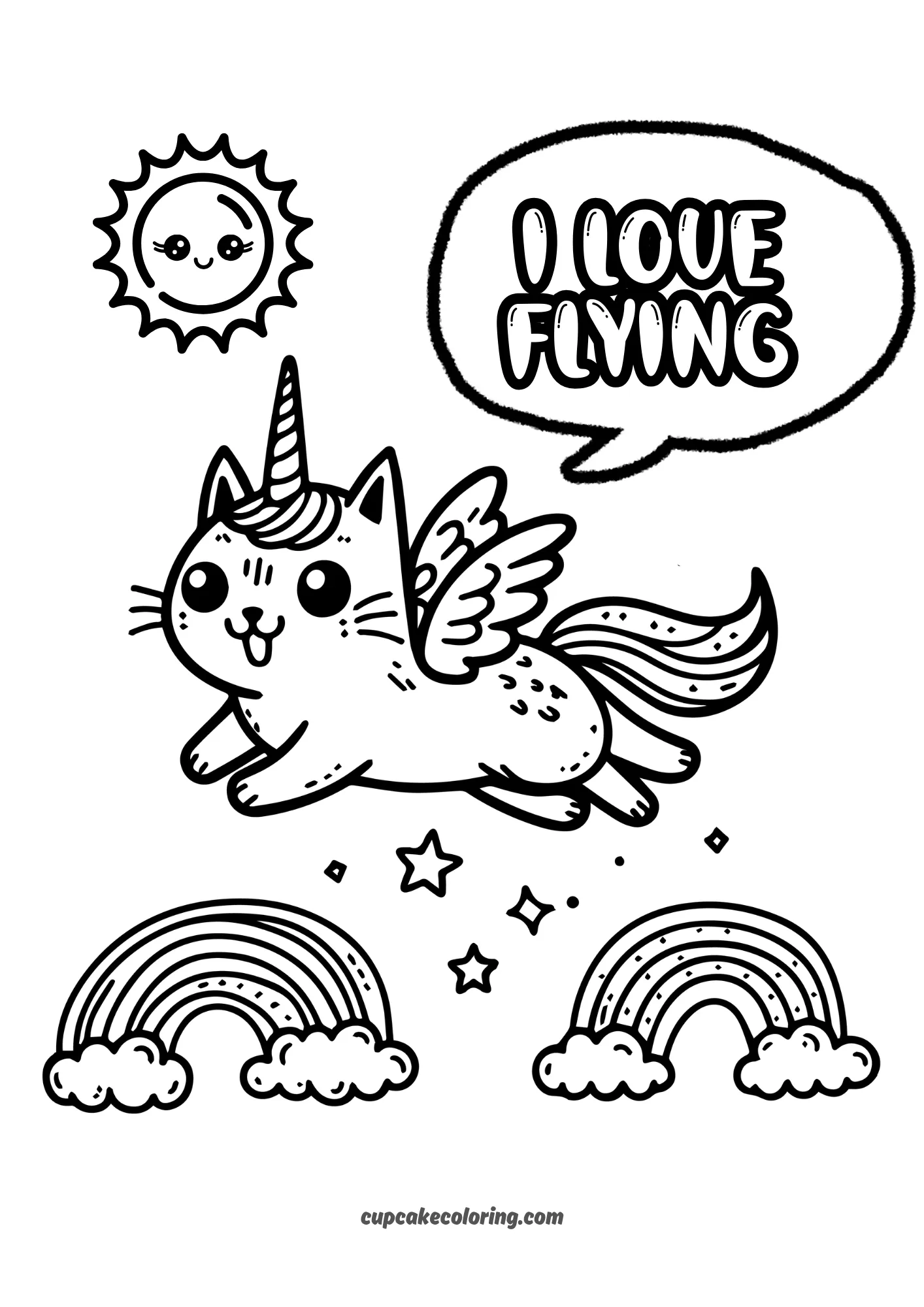 funny unicorn cat with rainbows coloring page