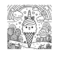 funny unicorn ice cream colouring page with clouds in candyland in summer