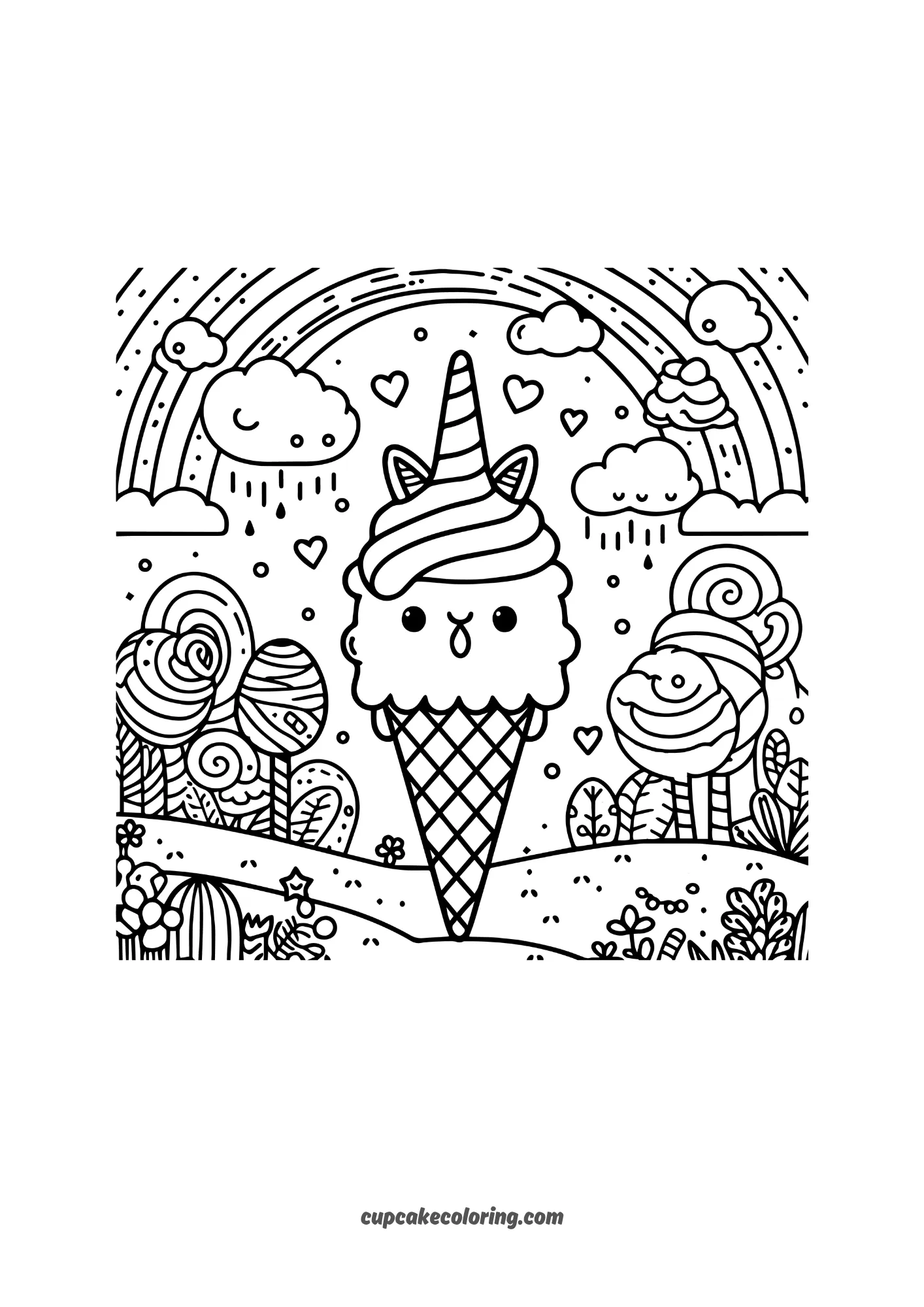 funny unicorn ice cream colouring page with clouds in candyland in summer