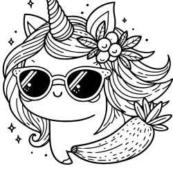 funny unicorn with sunglasses and strange banana simple to color for kids free printable