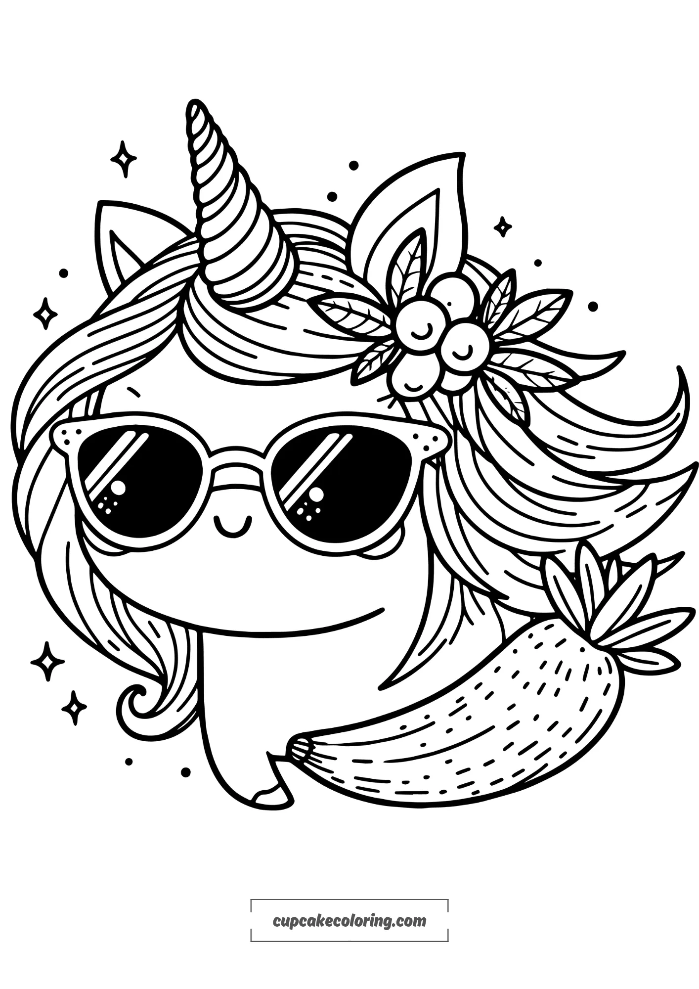 funny unicorn with sunglasses and strange banana simple to color for kids free printable