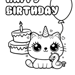 happy birthday coloring page of funny unicorn cat with a flamingo plush, kawaii drawing free to print