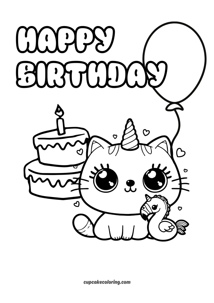 happy birthday coloring page of funny unicorn cat with a flamingo plush, kawaii drawing free to print