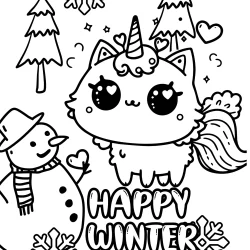 happy winter – Small unicor cat page to color for kids age 4