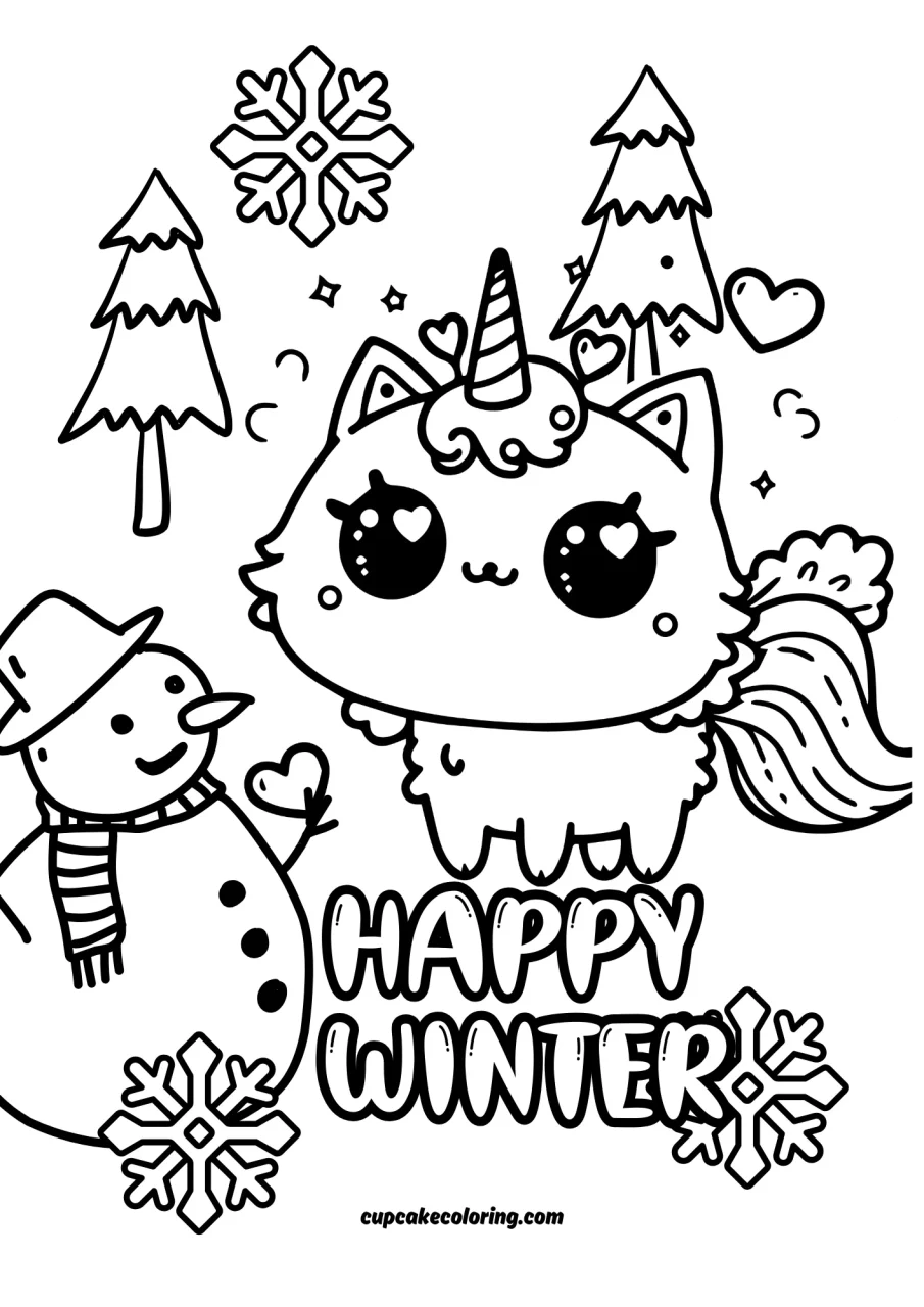 happy winter – Small unicor cat page to color for kids age 4