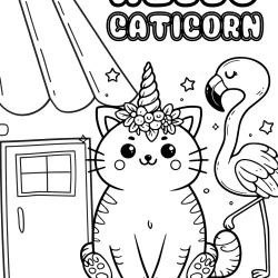 hello caticorn – unicorn cat with a flamingo coloring page