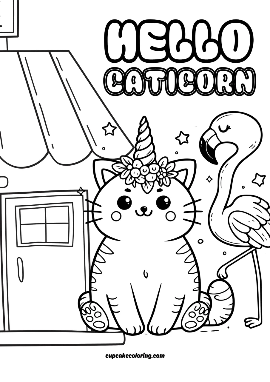 hello caticorn – unicorn cat with a flamingo coloring page