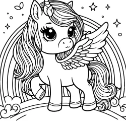 image to color cute unicorn – pegasus standing near a rainbow, cartoon style adorable eyes printable for free