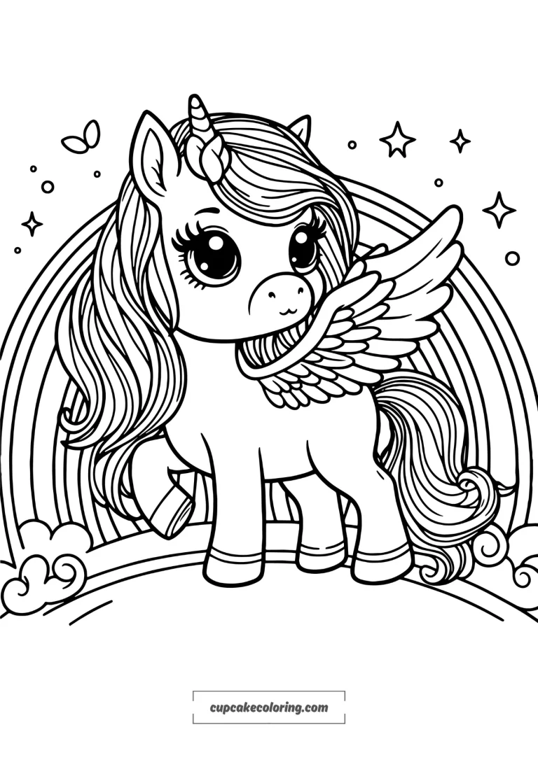 image to color cute unicorn - pegasus standing near a rainbow, cartoon style adorable eyes printable for free