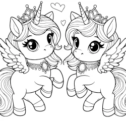 image to color of 2 cute unicorns princess with wings dancing, wearing a naclece with a big jewel on the horn