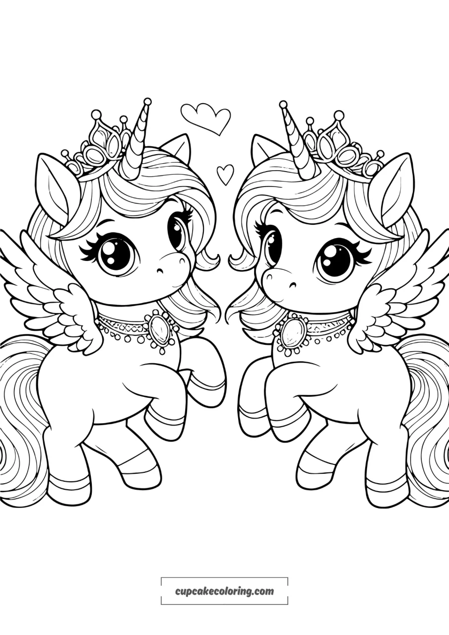 image to color of 2 cute unicorns princess with wings dancing, wearing a naclece with a big jewel on the horn