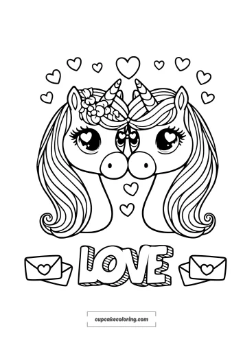 image to color of unicorns in love - heads coloring page valentines day