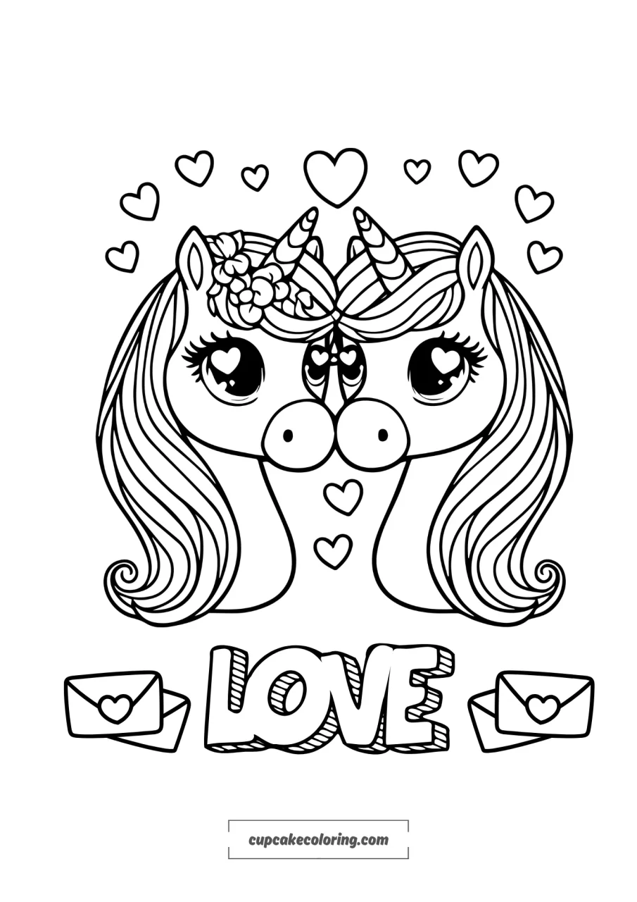 image to color of unicorns in love – heads coloring page valentines day