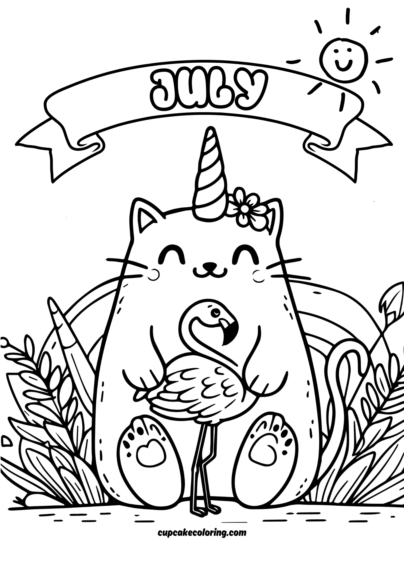 july happy unicorn cat hugging a flamingo picture to color in for girls of age 6