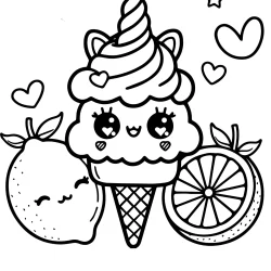 kawaii cute unicorn ice cream and lemons coloring page printable for free A4