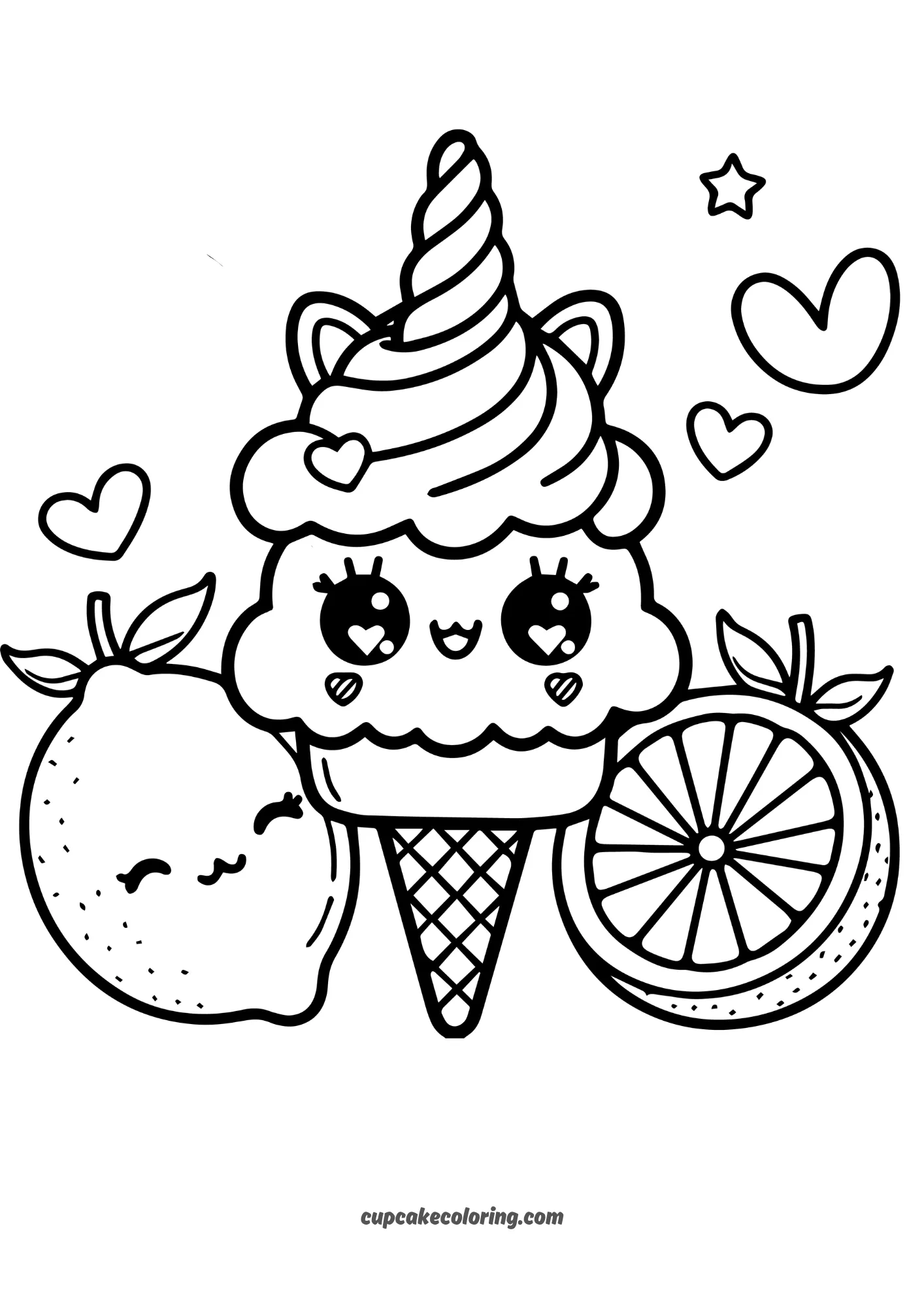 kawaii cute unicorn ice cream and lemons coloring page printable for free A4