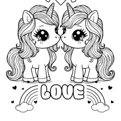 kawaii pictures to color with two unicorns in love free printable