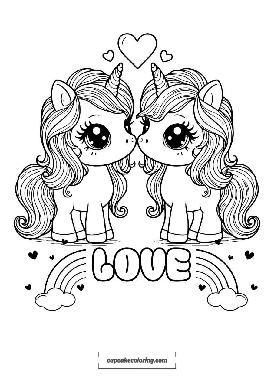 kawaii pictures to color with two unicorns in love free printable