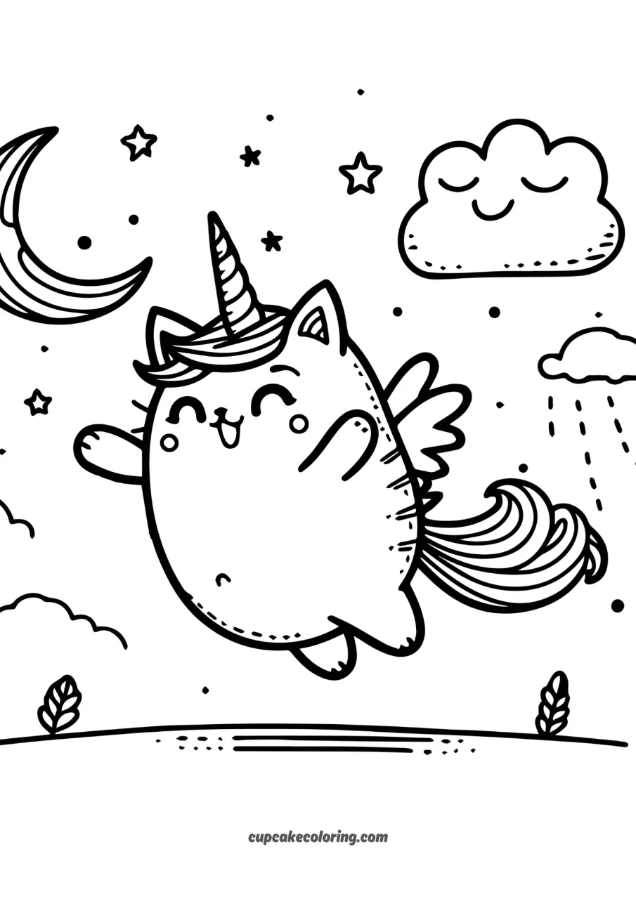 kawaii unicorn cat picture to color free printable