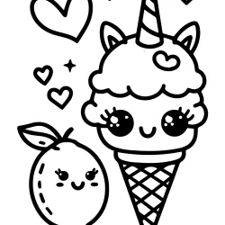 kawaii unicorn ice cream colouring page for kids with lemons free to print