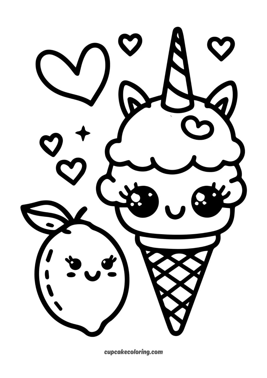 kawaii unicorn ice cream colouring page for kids with lemons free to print