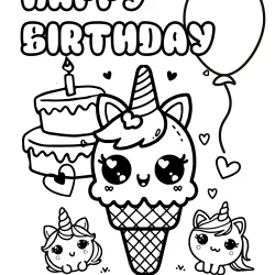 kawaii unicorn ice cream colouring page for kids with little friends free to print – happy birthday