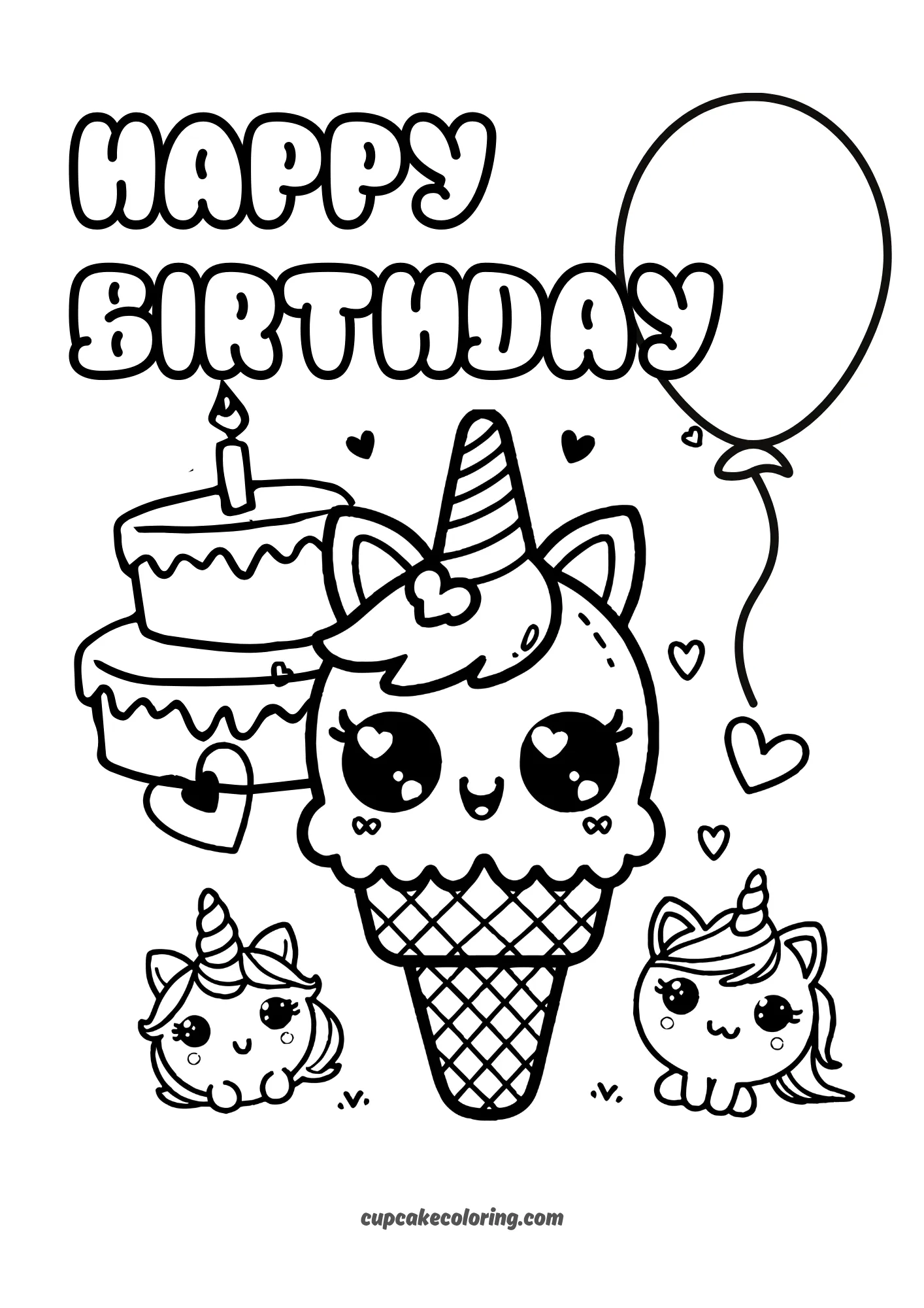 kawaii unicorn ice cream colouring page for kids with little friends free to print – happy birthday