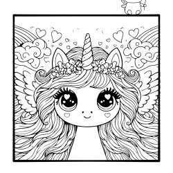 magical unicorn pegasus head picture to color with hearts free printable