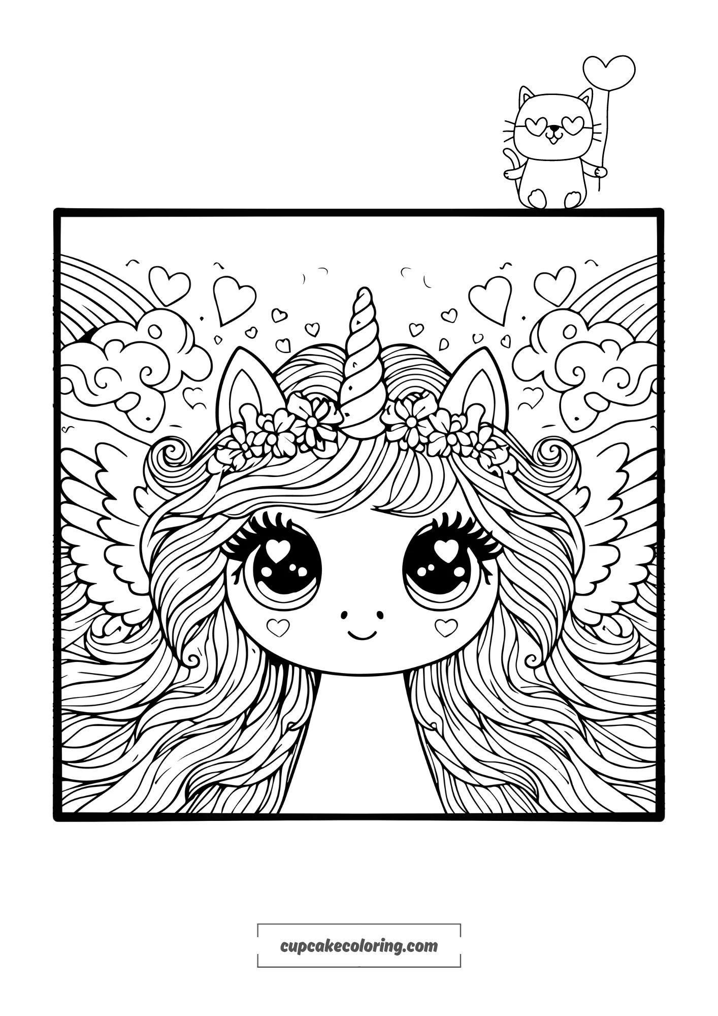 magical unicorn pegasus head picture to color with hearts free printable