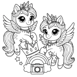 picture to color of 2 unicorns with wings dancing, wearing a naclece with a big jewel on the horn