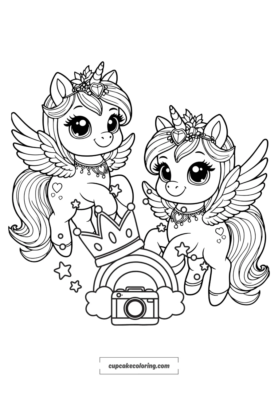 picture to color of 2 unicorns with wings dancing, wearing a naclece with a big jewel on the horn