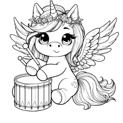 picture to color of a cute unicorn with wings playing drums for kids