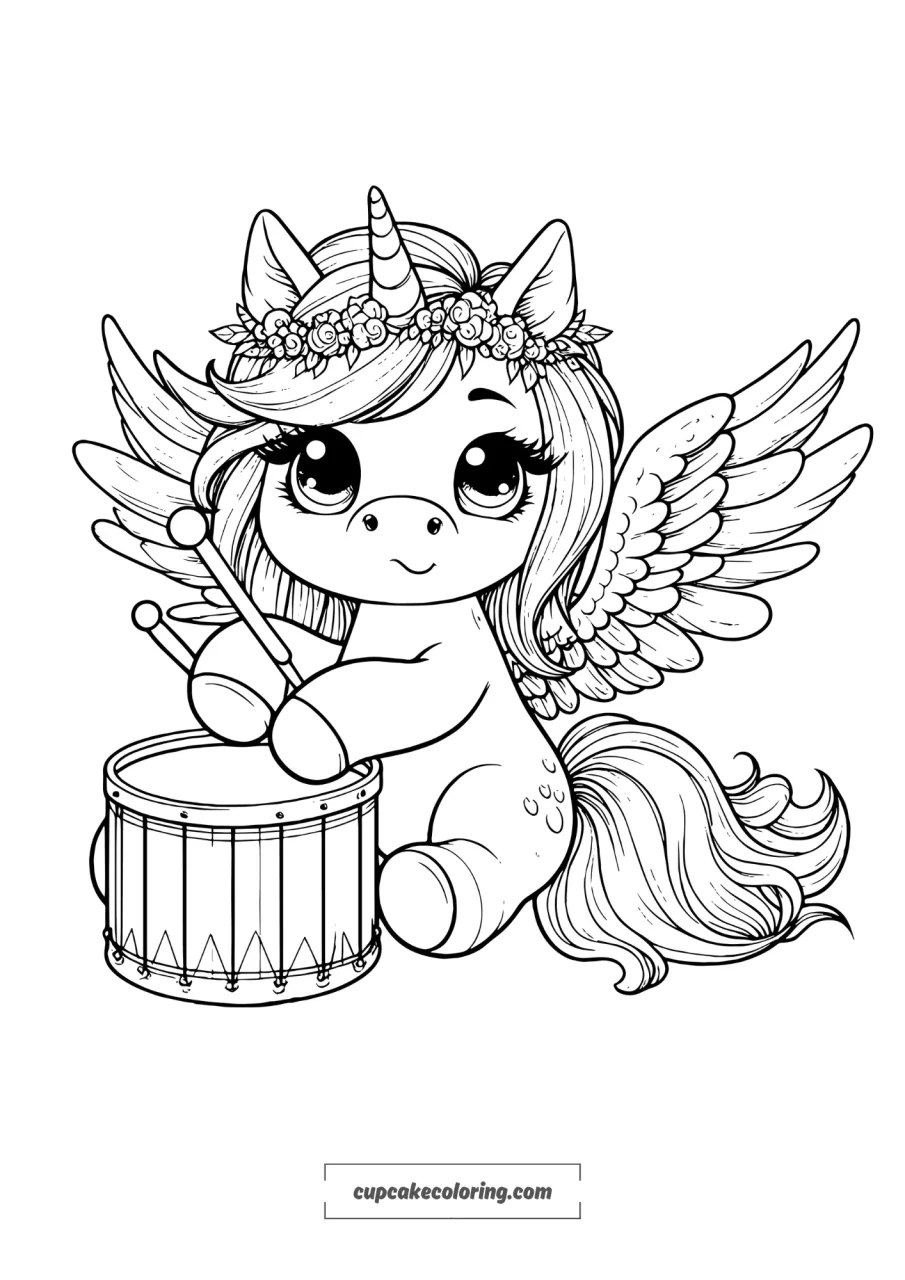 picture to color of a cute unicorn with wings playing drums for kids