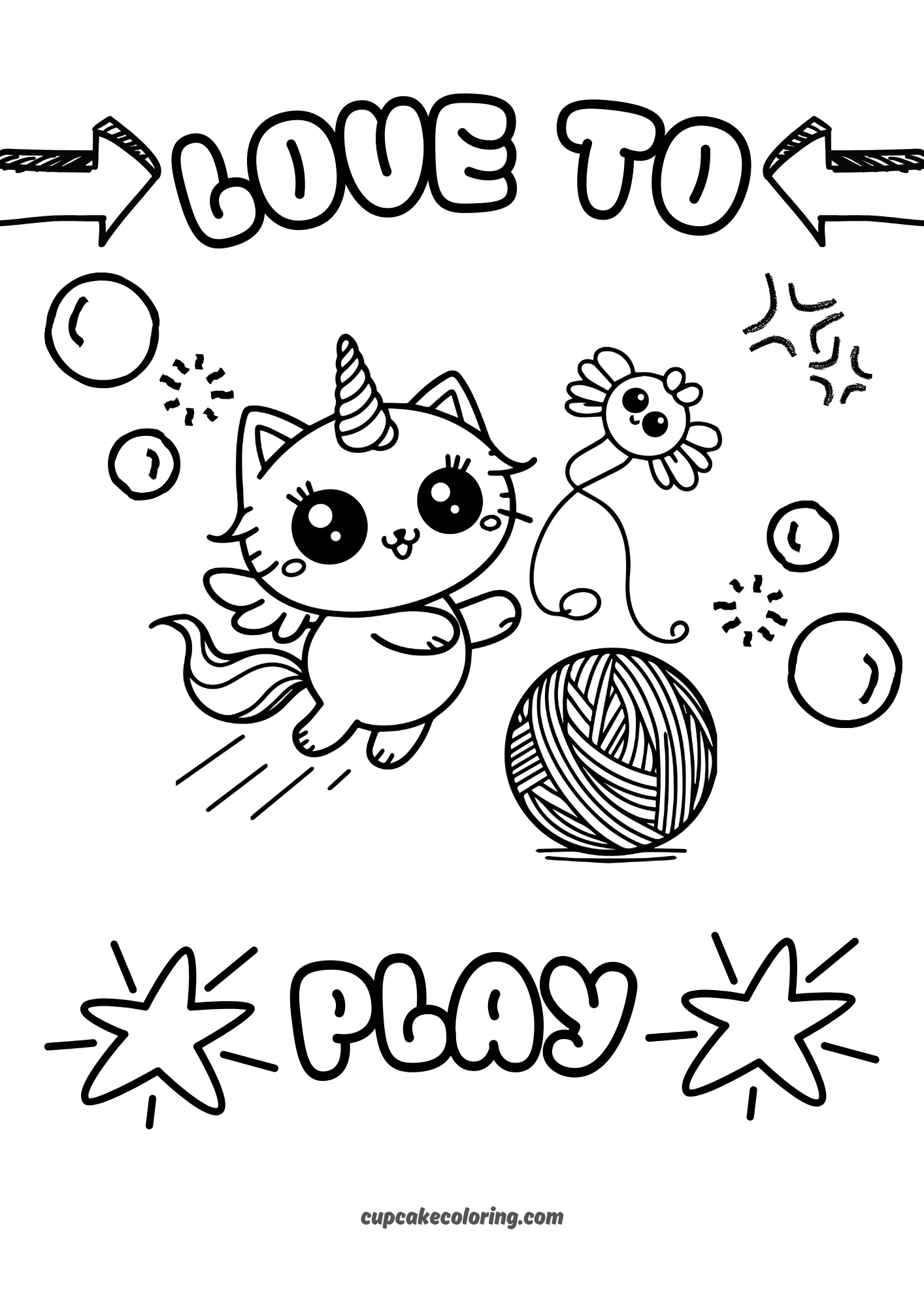 picture to color of funny unicorn cat playing with a ball of wool with