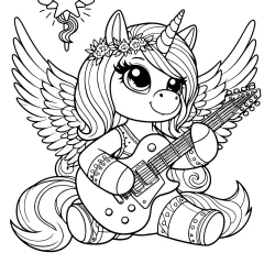 picture to color of un musician unicorn with a guitar, also has wings free printable