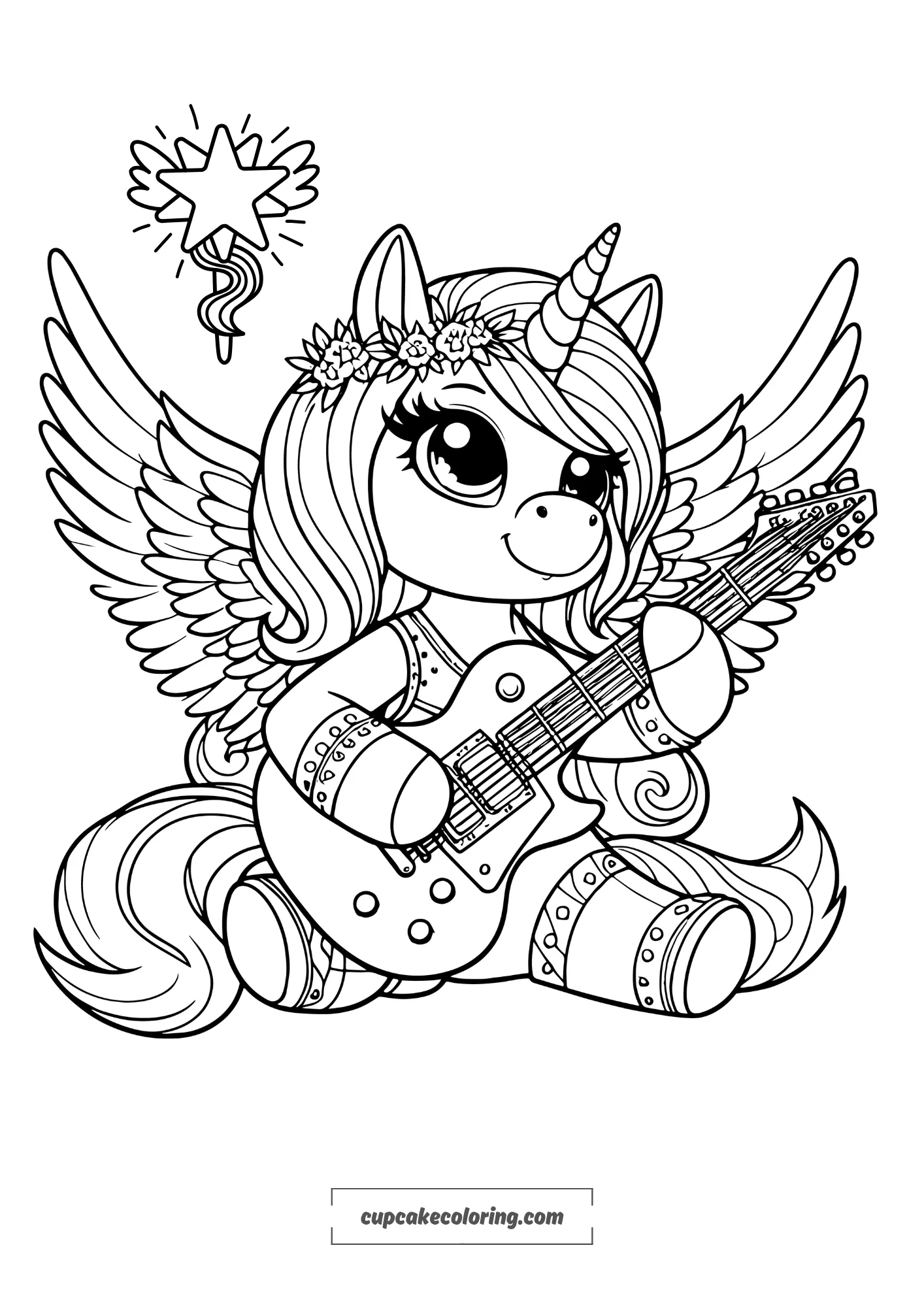 picture to color of un musician unicorn with a guitar, also has wings free printable