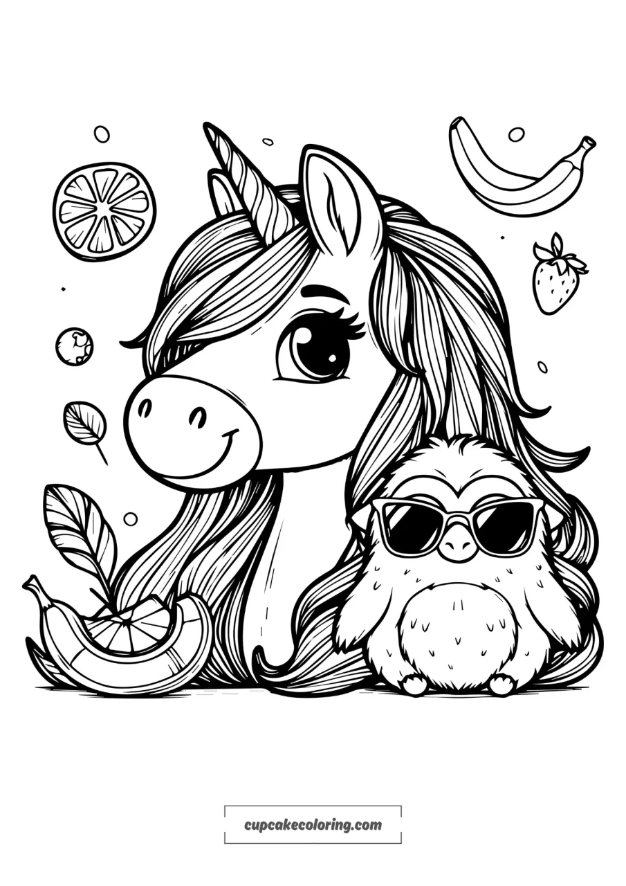 picture to color of unicorn and funny friend free printable pdf