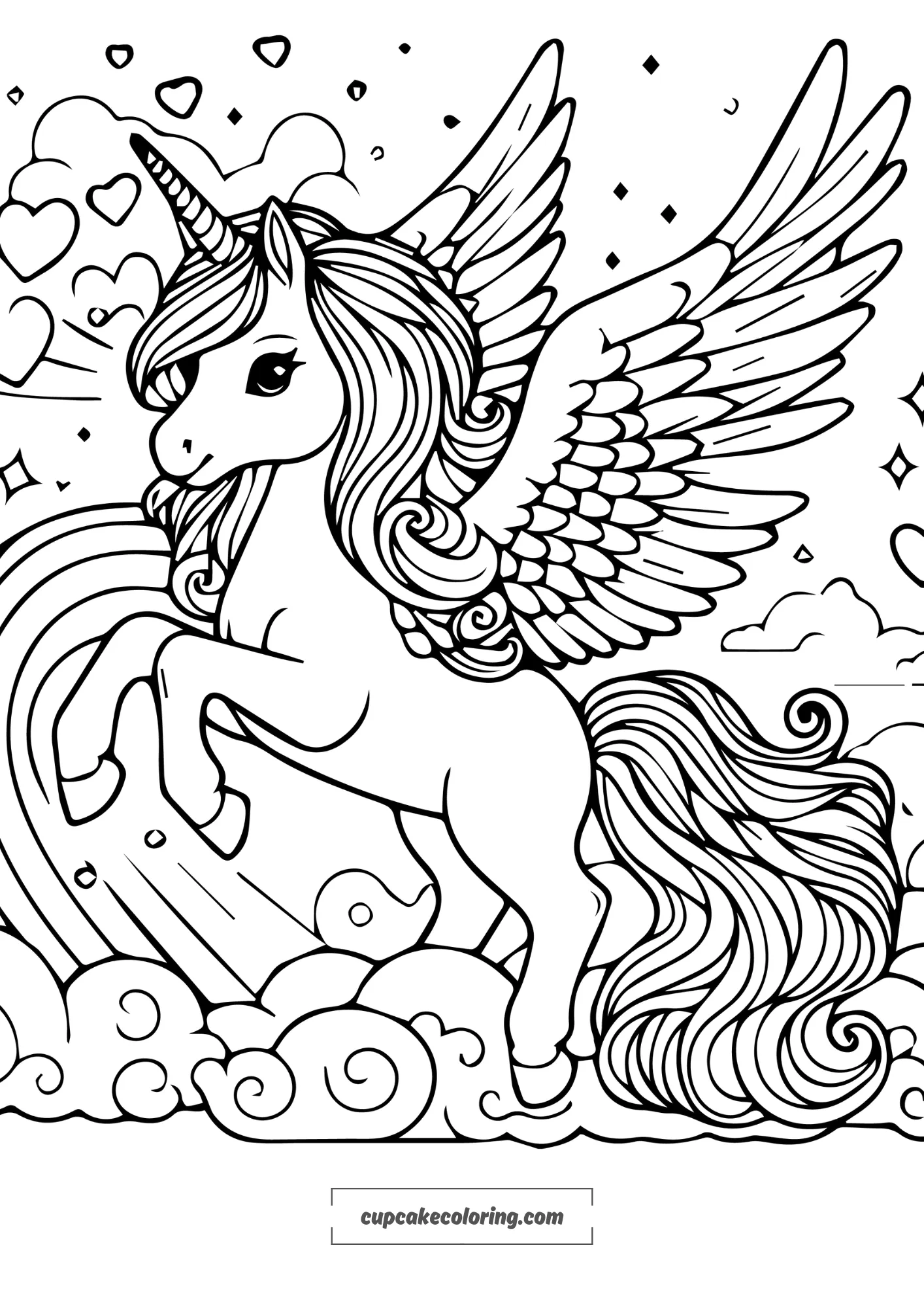 picture to color of unicorn with wings-peghasus standing on 2 legs with magic for kids free image printable