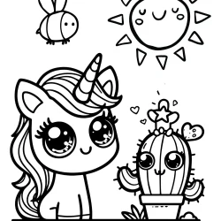 picture to color unicorn looking at a cute cactus with a funny face easy to color for todlers with thick lines printable