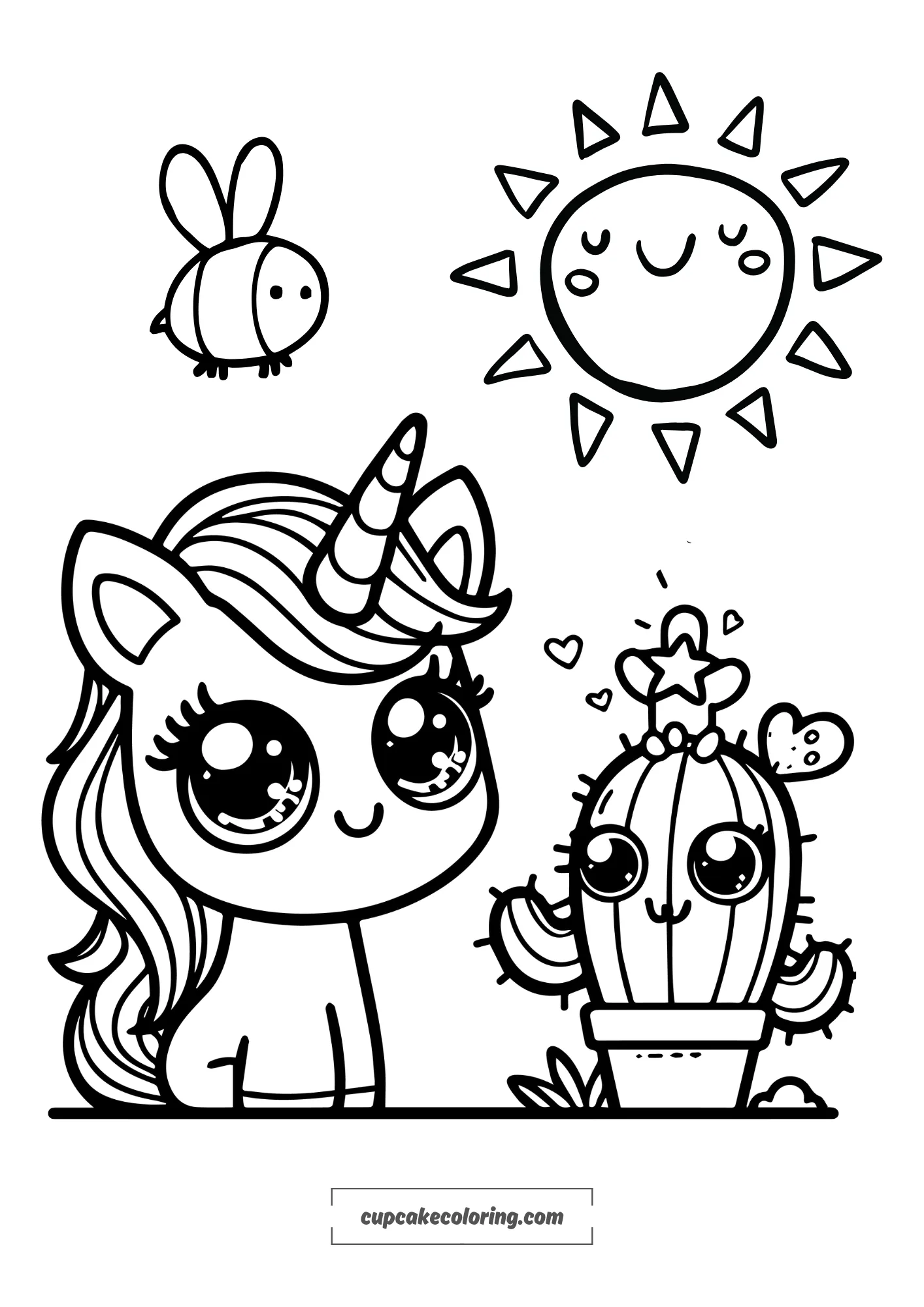 picture to color unicorn looking at a cute cactus with a funny face easy to color for todlers with thick lines printable