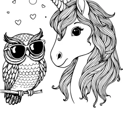 picture to color unicorn with an funny owl coloring for adults