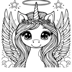 picture to color unicorn with angelic wings and aureole on top free printable