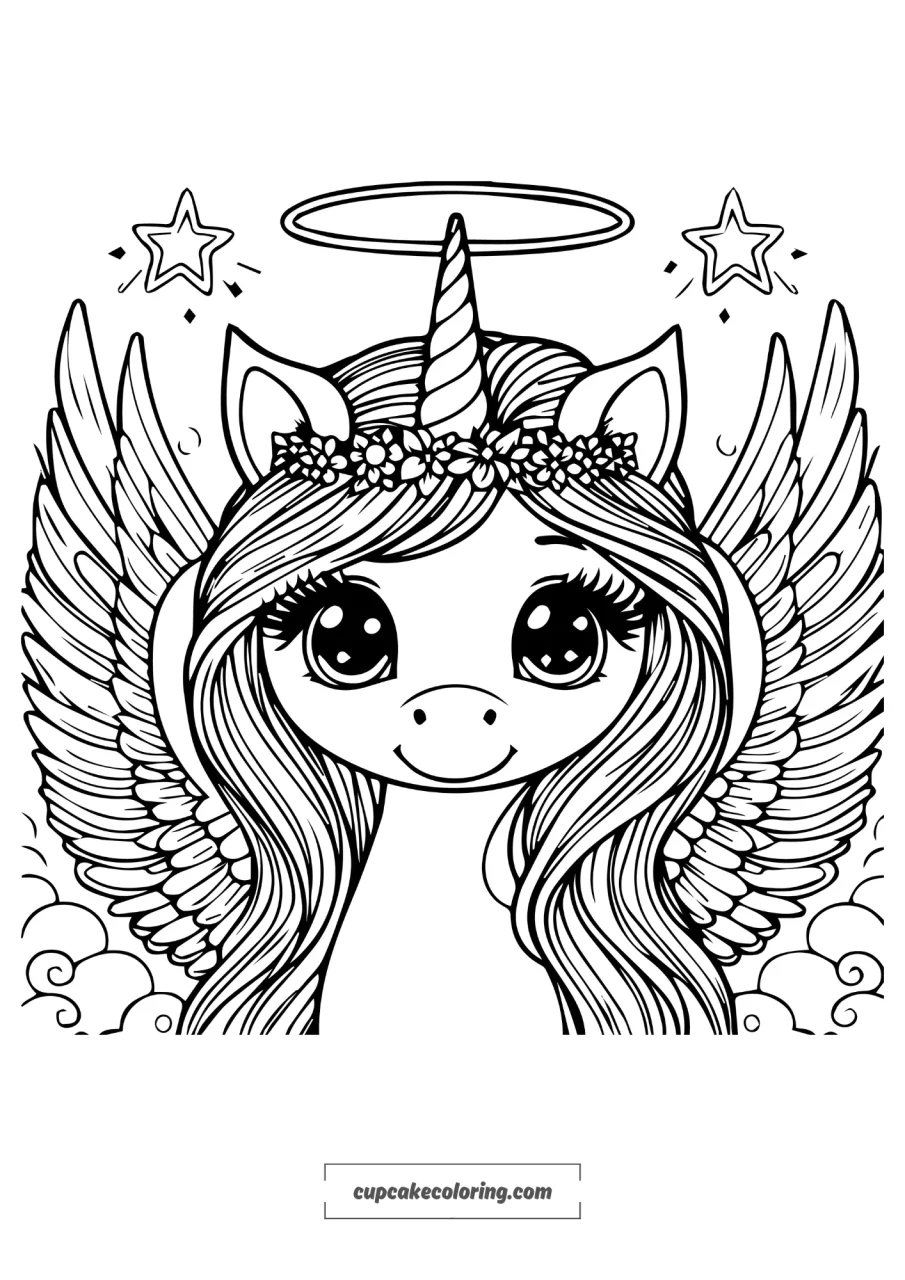 picture to color unicorn with angelic wings and aureole on top free printable