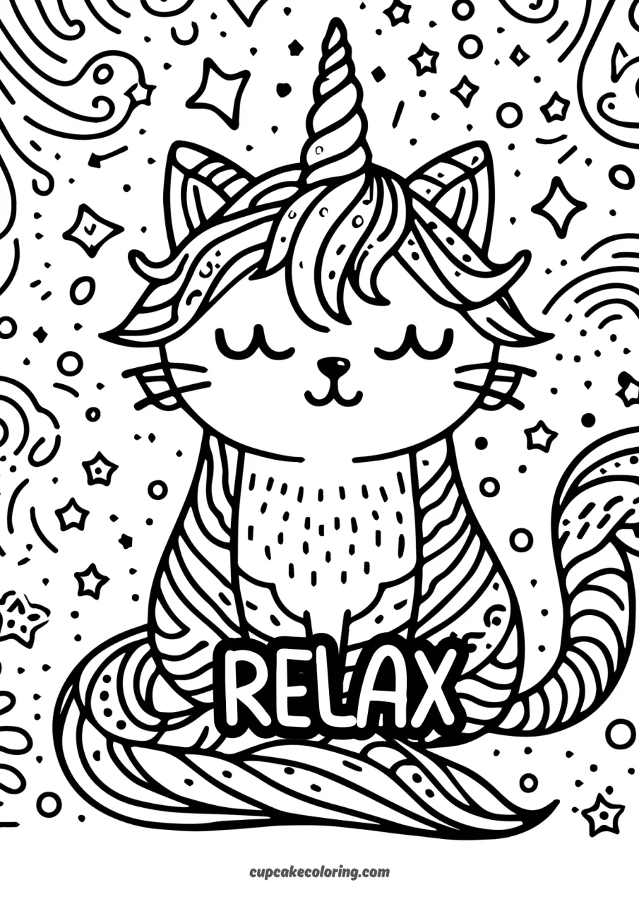 relax picture to color of caticorn free printable