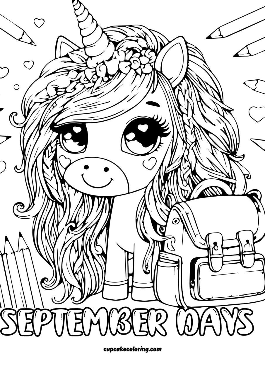 september coloring pages printable unicorn with school bag and pencils to color in for