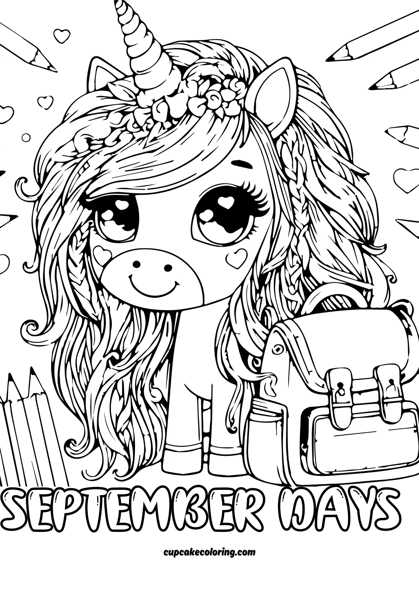september coloring pages printable unicorn with school bag and pencils to color in for