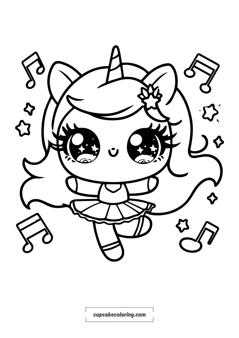 simple coloring page of an slim unicorn ballerina dancing rhythm of music