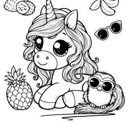 simple coloring page of an adult unicorn, near him an anans, and animal with sunglasses,