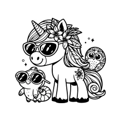 simple coloring page of an cute unicorn, near him an gecko with sunglasses,